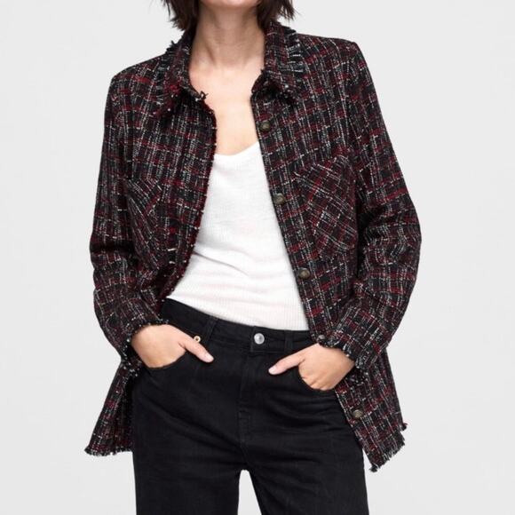 Zara Tweed Shacket Black Red Shirt Jacket Fringe Preppy Boho Contemporary Size S - Picture 2 of 15